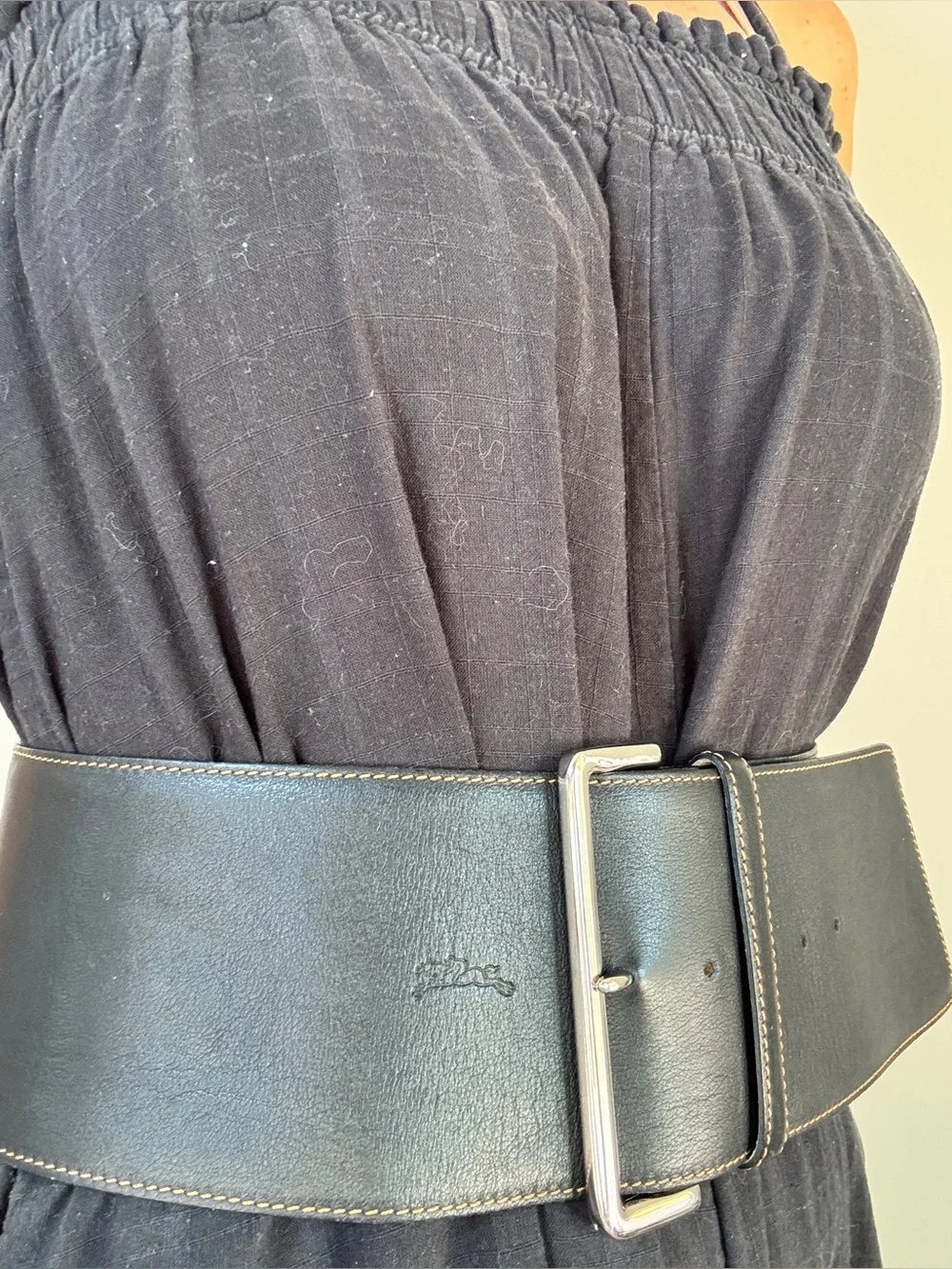 Longchamp Black 5” Wide Leather Corset Belt w/ Silver Buckle Luxury France 766-2